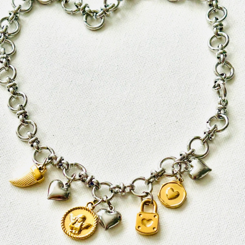 Two-Tone Heart Charm Necklace - Gold & Silver Stainless Steel